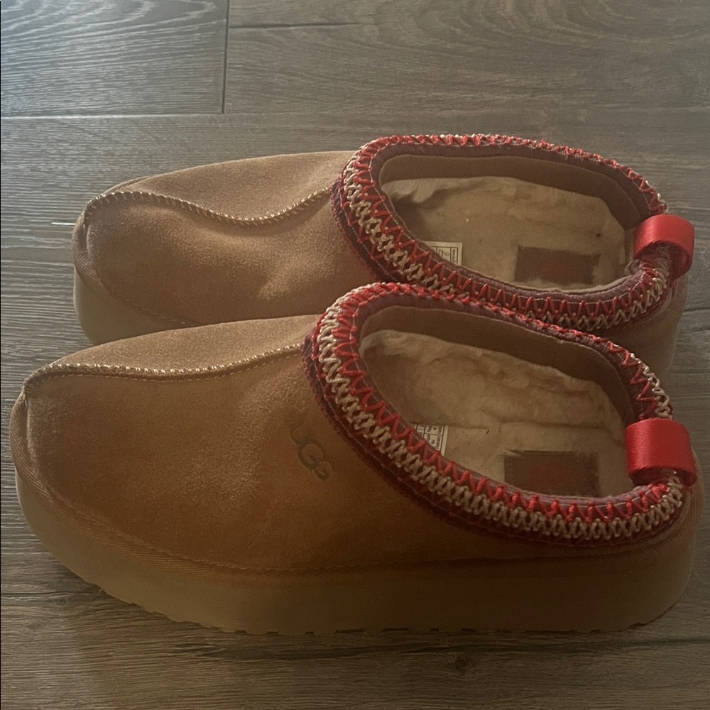 UGG Tan Slippers with Red Accents